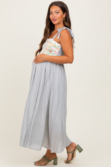 Grey Floral Striped Sleeveless Shoulder Tie Maternity Midi Dress