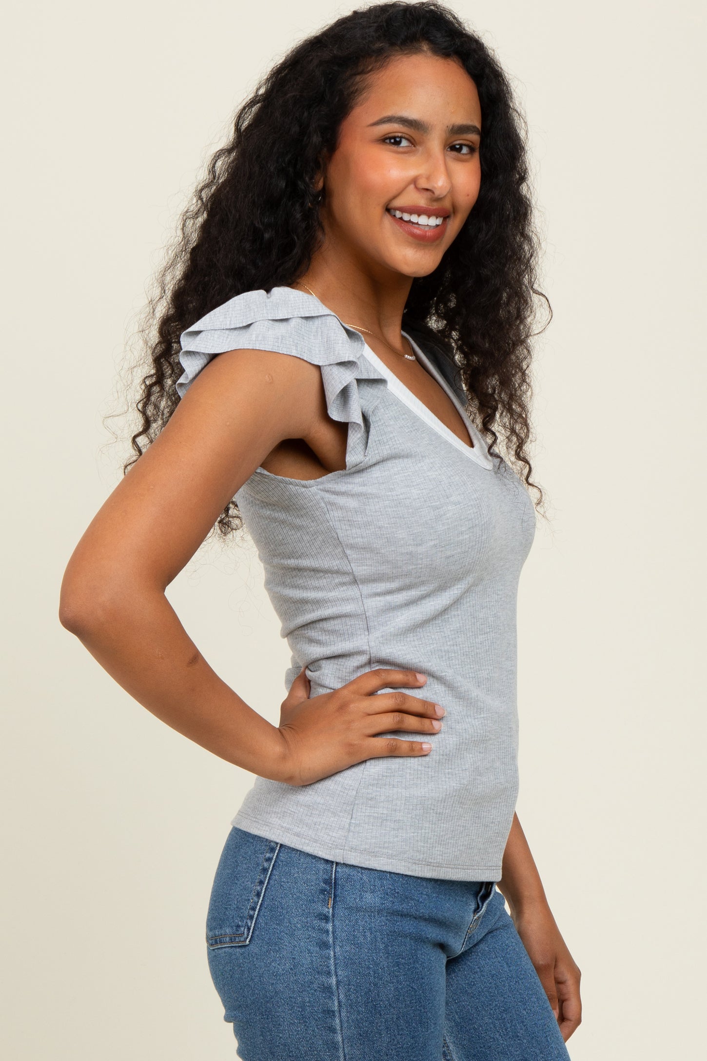 Heather Grey/ Ivory Solid Ribbed Ruffle Sleeve Fitted Top
