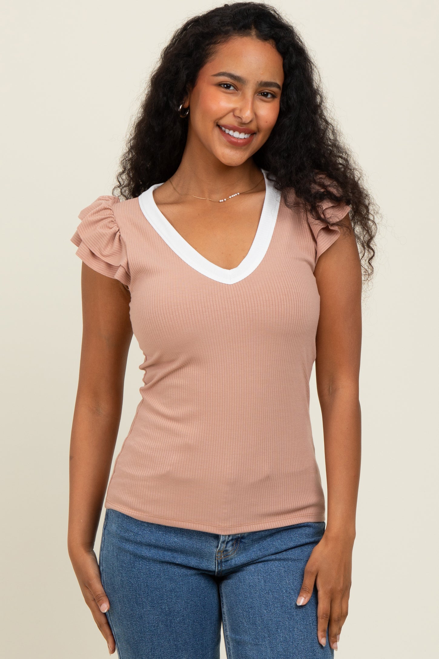 Beige/ Ivory Solid Ribbed Ruffle Sleeve Fitted Top
