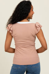 Beige/ Ivory Solid Ribbed Ruffle Sleeve Fitted Top