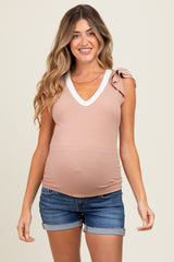 Beige/ Ivory Solid Ribbed Ruffle Sleeve Fitted Maternity Top