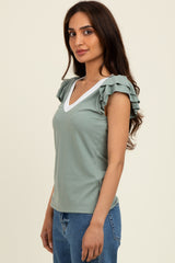Sage/ Ivory Solid Ribbed Ruffle Sleeve Fitted Maternity Top