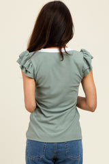 Sage/ Ivory Solid Ribbed Ruffle Sleeve Fitted Top