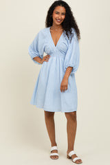Blue Striped Balloon Sleeve V-Neck Maternity Dress