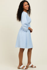 Blue Striped Balloon Sleeve V-Neck Dress