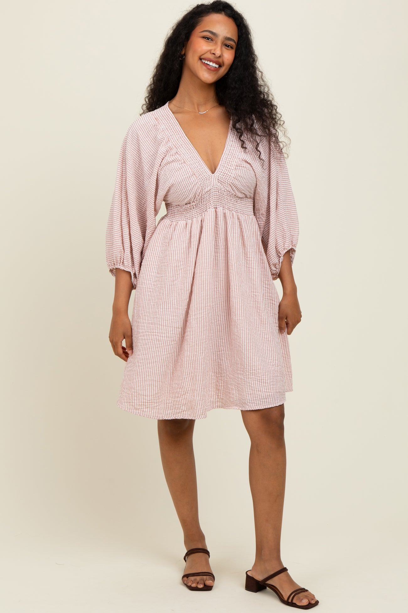 Mauve Striped Balloon Sleeve V-Neck Maternity Dress