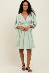 Sage Striped Balloon Sleeve V-Neck Dress