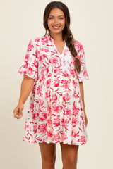 Red Floral V-Neck Crochet Trim Maternity Dress