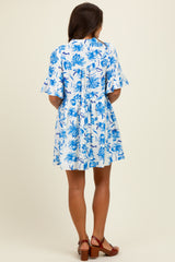 Blue Floral V-Neck Crochet Trim Maternity Dress