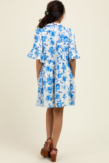 Blue Floral V-Neck Crochet Trim Dress