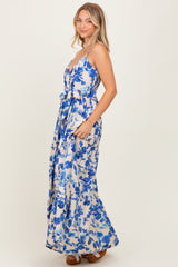 Blue Floral Tiered Sleeveless Sash Tie Maxi Dress