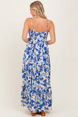 Blue Floral Tiered Sleeveless Sash Tie Maxi Dress