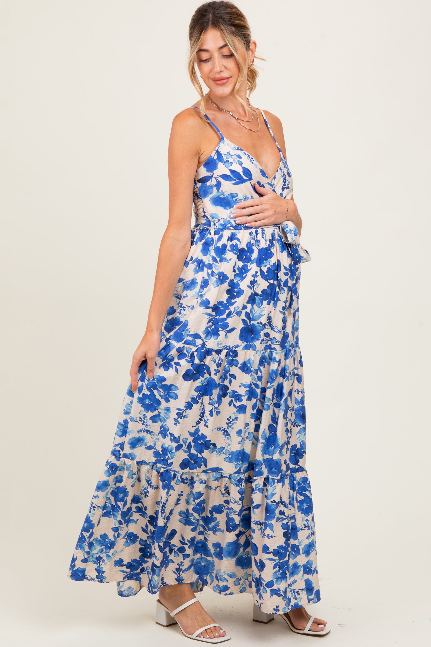 Blue Floral Tiered Sleeveless Sash Tie Maternity Maxi Dress