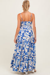 Blue Floral Tiered Sleeveless Sash Tie Maternity Maxi Dress