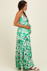 Green Floral Tiered Sleeveless Sash Tie Maternity Maxi Dress