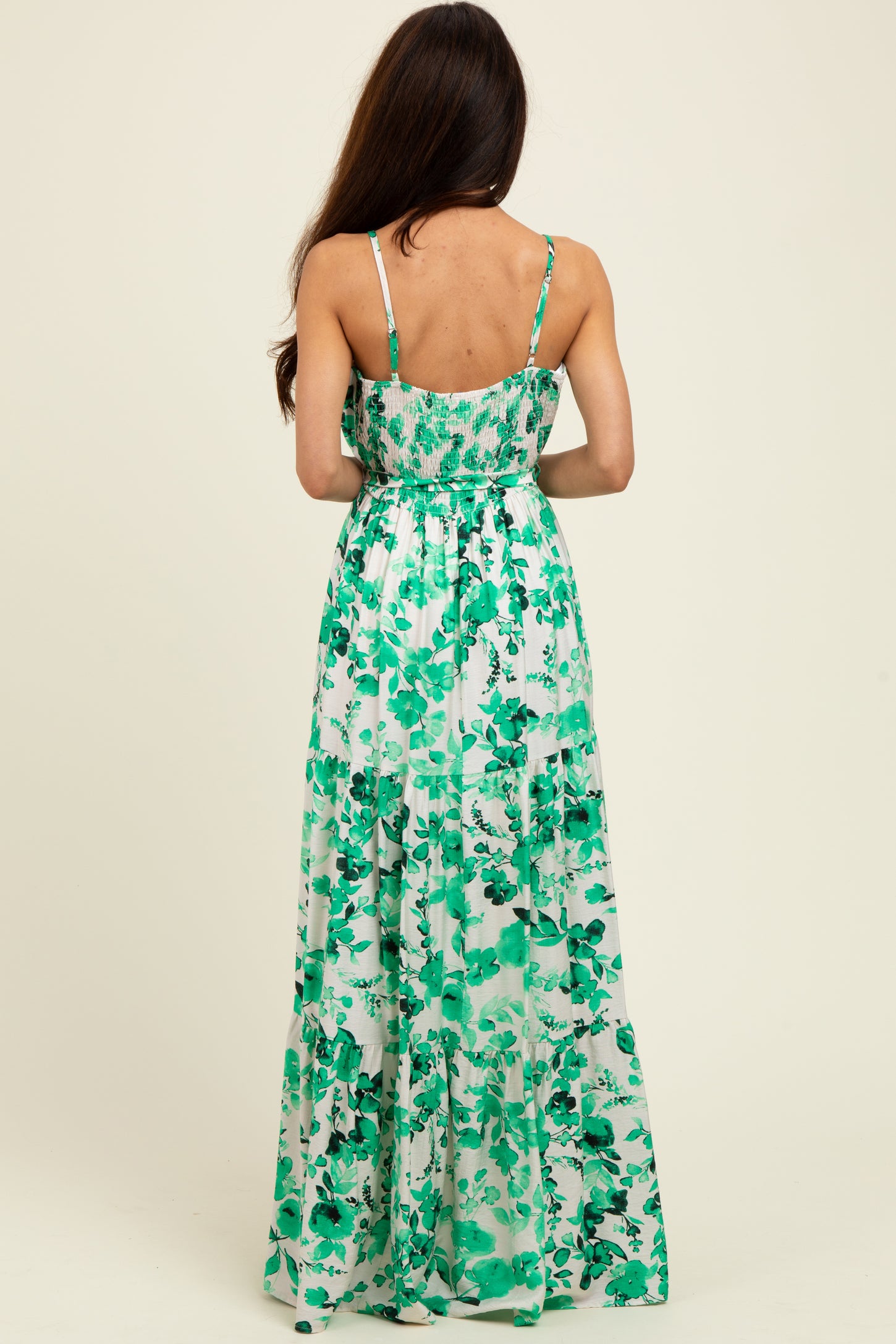 Green Floral Tiered Sleeveless Sash Tie Maxi Dress