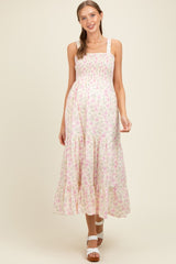 Light Pink Smocked Cotton Floral Sleeveless Maternity Maxi Dress