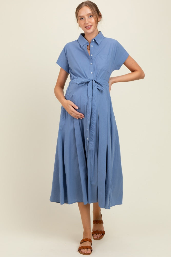 Blue Button Down Shirt Maternity Maxi Dress