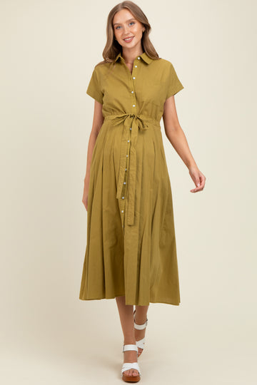 Olive Button Down Shirt Maternity Maxi Dress