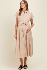 Beige Button Down Shirt Maternity Maxi Dress