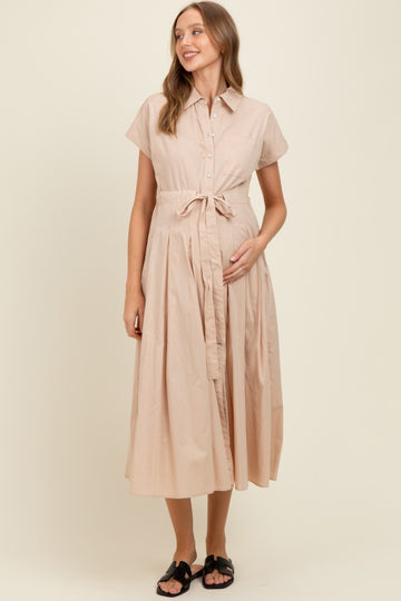 Beige Button Down Shirt Maternity Maxi Dress