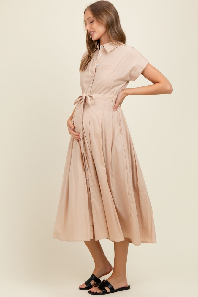 Beige Button Down Shirt Maternity Maxi Dress