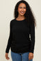 Black Solid Ribbed Ruched Long Sleeve Top