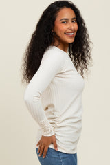 Ivory Solid Ribbed Ruched Long Sleeve Top