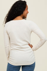Ivory Solid Ribbed Ruched Long Sleeve Top