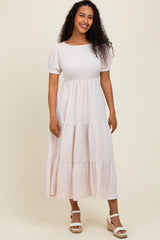 Light Pink Solid Textured Tiered Shirt Sleeve Maxi Dress