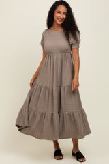 Taupe Solid Textured Tiered Shirt Sleeve Maternity Maxi Dress