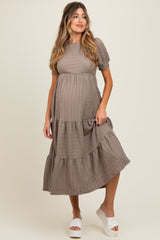 Taupe Solid Textured Tiered Shirt Sleeve Maternity Maxi Dress