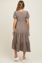 Taupe Solid Textured Tiered Shirt Sleeve Maternity Maxi Dress