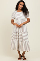 Cream/Taupe Striped Short Sleeve Tiered Maxi Dress
