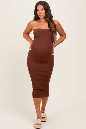 Brown Fitted Tube Knit Maternity Midi Dress