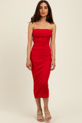 Red Fitted Tube Knit Maternity Midi Dress