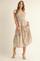 Cream Tie Shoulder Detail Floral Midi Dress