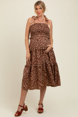 Brown Tie Shoulder Detail Floral Maternity Midi Dress