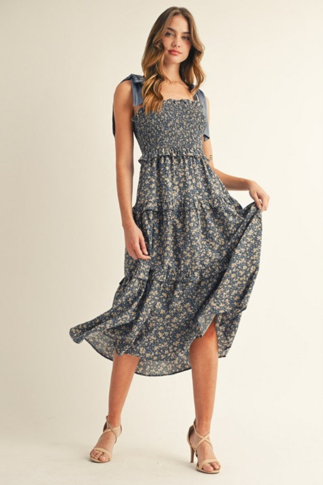 Navy Tie Shoulder Detail Floral Midi Dress