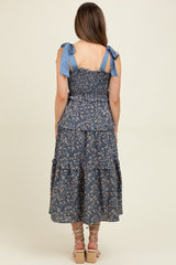 Navy Tie Shoulder Detail Floral Maternity Midi Dress