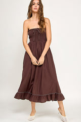 Brown Smocked Tube Maternity Midi Dress