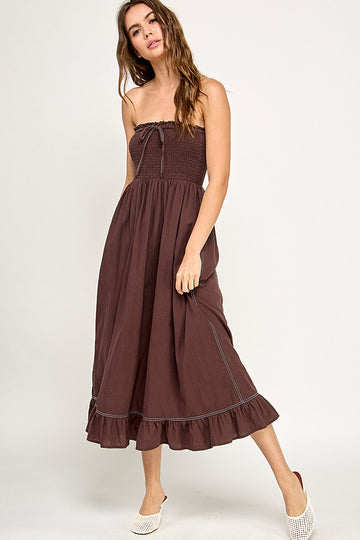Brown Smocked Tube Midi Dress