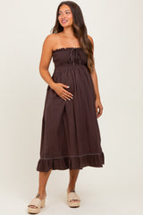Brown Smocked Tube Maternity Midi Dress