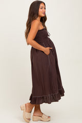 Brown Smocked Tube Maternity Midi Dress