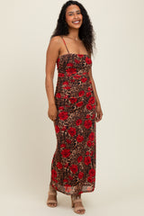 Brown Leopard Floral Mesh Ruched Sleeveless Maxi Dress