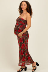 Brown Leopard Floral Mesh Ruched Sleeveless Maternity Maxi Dress