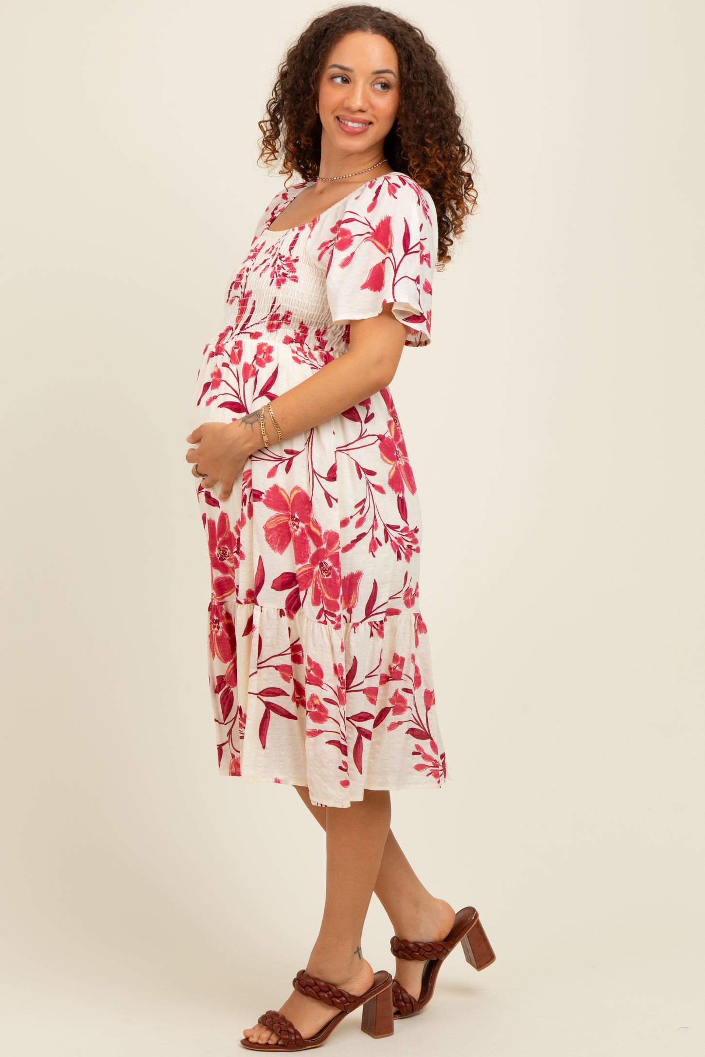 Fuchsia Floral Smocked Flutter Sleeve Maternity Midi Dress