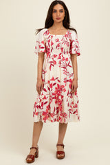 Fuchsia Floral Smocked Flutter Sleeve Maternity Midi Dress