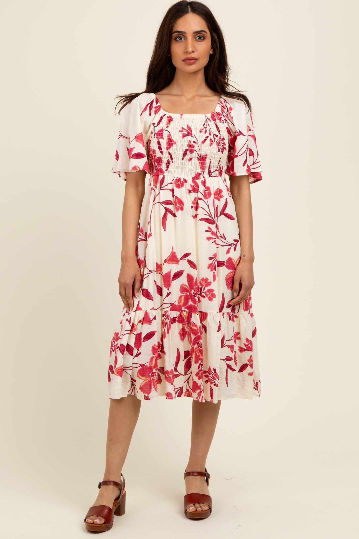 Fuchsia Floral Smocked Flutter Sleeve Maternity Midi Dress