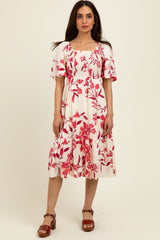 Fuchsia Floral Smocked Flutter Sleeve Maternity Midi Dress